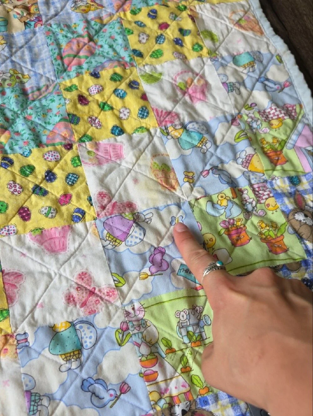 Handmade Pastel Patchwork  Baby Quilt Easter  Bunny Yellow Purple Blue